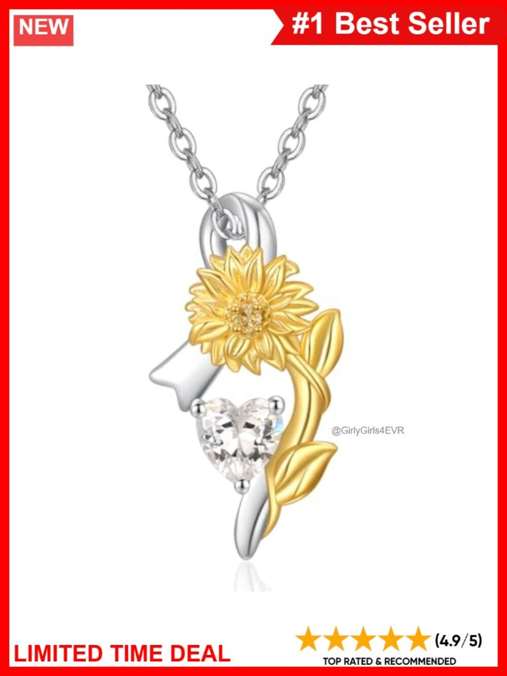 Sunflower Heart Necklace 925 Sterling Silver Pendant with Zircon Charm Gift